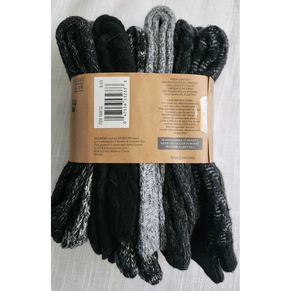 BearPaw 6 Pairs Socks Women’s Shoe Size 4-10 Soft! Black Gray Boot Socks NWT B4